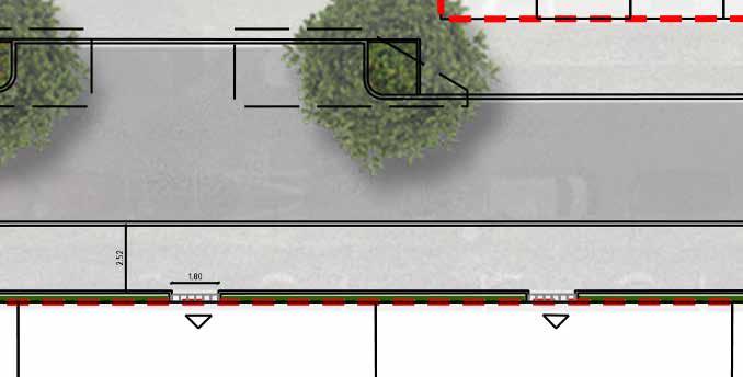 Straat met groene boomspiegels en geveltuinen - Boomspiegels worden beplant met bloeiende heesters - Geveltuinen niet verplicht