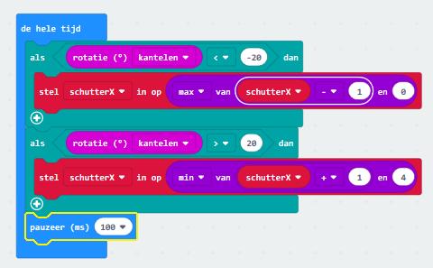 Pas de code even aan: Op dit moment start het spel zodra de micro:bit wordt aangezet en dat is misschien niet zo handig.