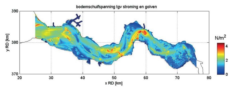 Figuur 3.3. Bodemschuifspanning van de Westerschelde (Poortman, 2013). Maxwell et al. (2009) vond een preferentie van stekelroggen voor een bodemschuifspanning van < 1.