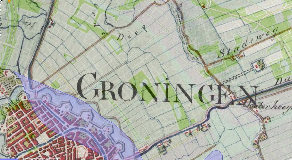 Het Plangebied ligt op de kaart buiten de stad Groningen Bonnebladen 1900 1916 (afb. 7): het plangebied is nog steeds in gebruik als bouwland of weiland en ligt nog buiten de stad Groningen.