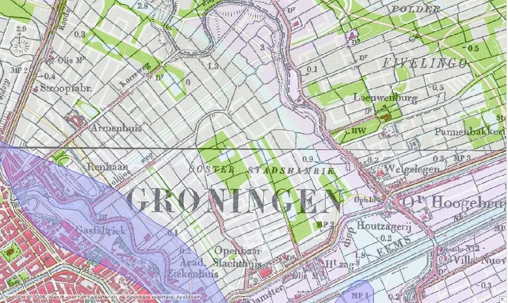 Afbeelding 7. Het plangebied (rood kader) op een uitsnede van de Bonnebladen 1900 1916. Bron. http://fleximap.gronigen.nl/gnmaps/monumenten/.