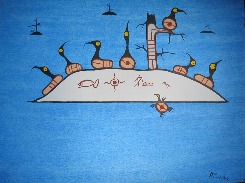 Island Paradise And Turtle', schilderij van Ojibwe kunstenaar Wolf Morrisseau Deze verantwoordelijkheid is lange tijd geleden in de vorm van een instructie door zeven profeten of grootvaders aan het