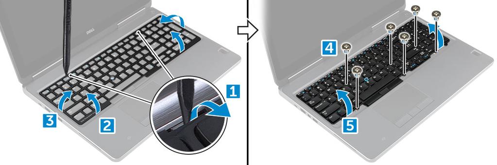 Het toetsenbord plaatsen 1 Lijn het toetsenbord uit en leid de kabels terug naar de bodem van het compartiment. 2 Lijn het toetsenbord uit op het vak en druk hem omlaag.
