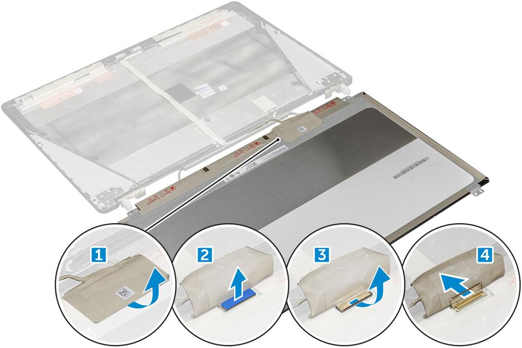 4 U verwijdert het beeldschermpaneel als volgt: a Verwijder de tape om bij de edp-kabel te komen [1]. b Verwijder de blauwe tape [2]. c Til het metalen lipje van het beeldschermpaneel omhoog [3].