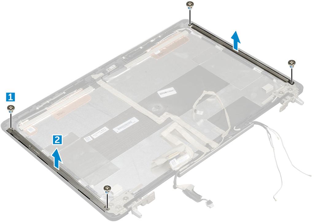 De beeldschermbeugel plaatsen OPMERKING: Voer de volgende stappen uit voor systemen die u niet mag aanraken. 1 Plaats de beeldschermbeugels in de sleuf op de beeldschermkap. 2 Plaats de M2.5x4.