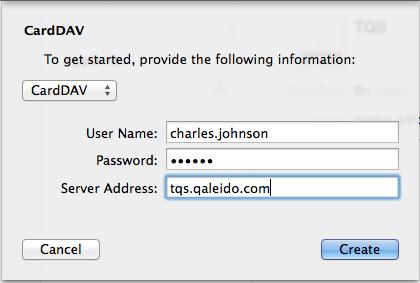 In het pop-up venster van CardDAV vut de gegevens als volgt in: User Name (gebruikersnaam): de gebruikersnaam voor Qaleido Password (wachtwoord): het wachtwoord voor Qaleido Server Address