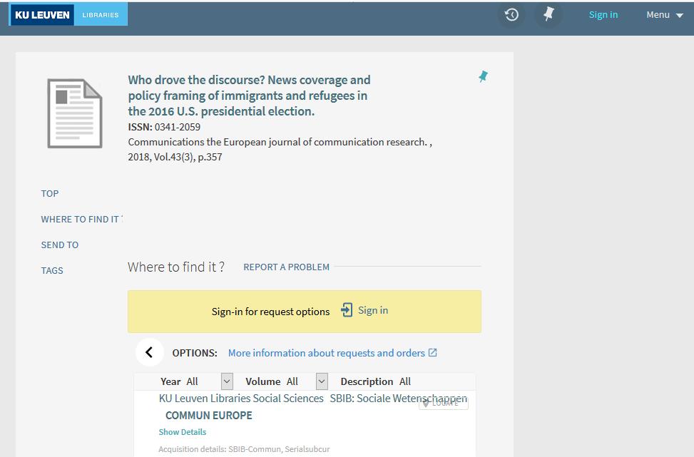 1. Indien de full text van het artikel beschikbaar is in een databank waarvoor KU Leuven Bibliotheken toegangsrechten bezit, wordt men rechtstreeks doorverbonden naar deze databank.