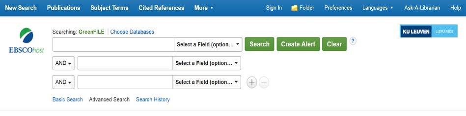 2 Zoeken in EBSCOhost 2.1 Eenvoudig zoeken / basic search De EBSO-databank wordt standaard opgestart in Advanced Search.