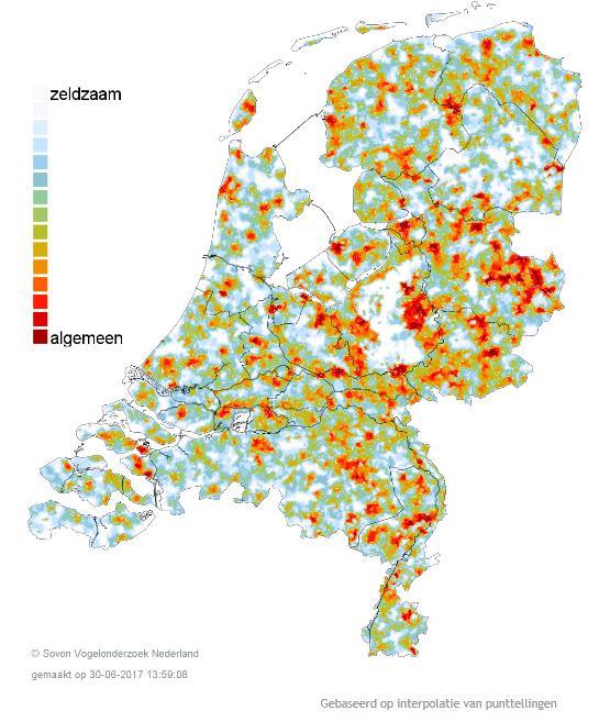 Verspreidingsgebied De huismus komt wijdverspreid in Nederland voor (SOVON, 2018b).