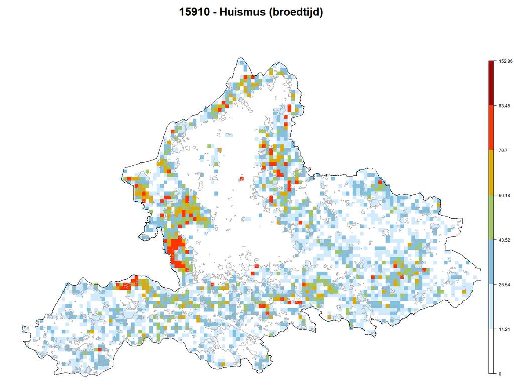 De huismus komt in provincie Gelderland vrijwel overal voor in gebieden met bebouwing, tenzij geen nestgelegenheid en/of voedsel aanwezig is.