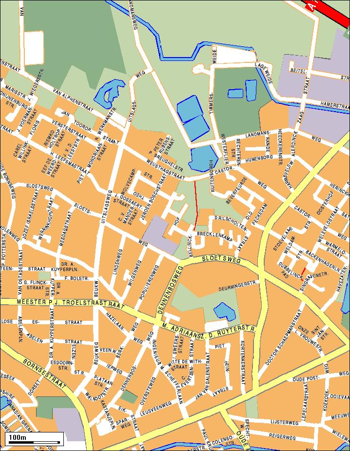 Omgevingskaart Bellinckhof 28 te Hengelo Ov Groene ruim opgezette woonomgeving, kindvriendelijk, ruimte voor werken of praktijk aan huis op de begane grond, een inpandige garage en speels ingedeeld,