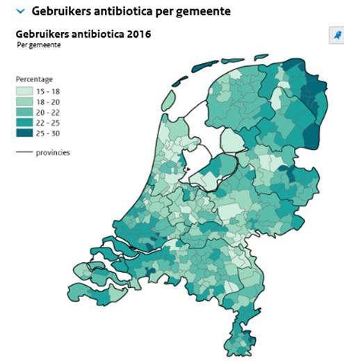 PERCENTAGE INWONERS PER GEMEENTE AAN WIE IN 2016 EEN ANTIBIOTICUM IS VOORGESCHREVEN* * Betreft verstrekkingen vanuit openbare apotheken en