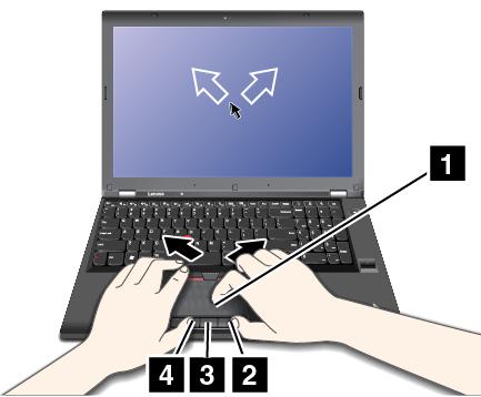 Om de aanwijzer over het scherm te verplaatsen, schuift u met uw vingertop over het trackpad 1 in de bijbehorende richting.