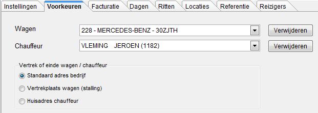 Voorkeuren Elke route heeft zijn eigen voorkeuren zoals een vaste wagen of chauffeur. Het vertrek of einde van de route is instelbaar en kan een van de volgende mogelijkheden zijn.