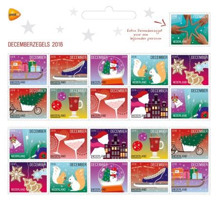 achtergrond. Uitgifte datum januari 2017 Prijs 7,80 Lakervelder Decemberzegels 2016 Een vel Decemberzegels 2016 bevat twee keer tien postzegels en de extra Decemberzegel.