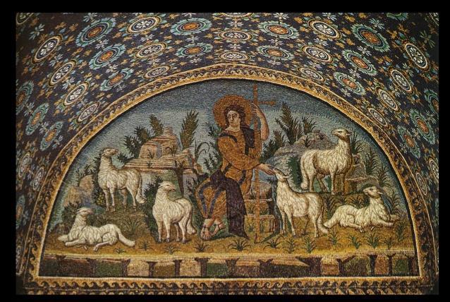 De herder houdt een herdersfluit in zijn hand waarmee hij de schapen of de zielen naar
