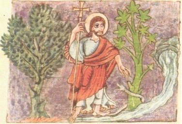 Net als de vorige aait ook deze goede herder 1 van de schapen. Deze afbeelding komt uit het Stuttgarter Psalter. Een Psalmenboek uit de 9 e eeuw. Hier wordt het donkere dal uitgebeeld.
