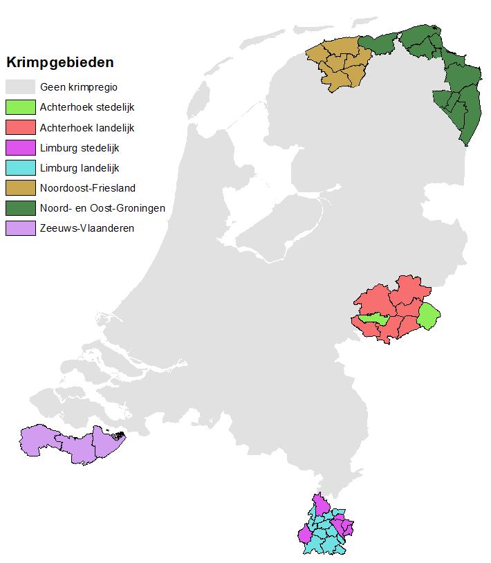 De zeven krimpgebieden die hier worden onderscheiden komen samen overeen met het totaal van de negen regio s in de standaardindeling van BZK.