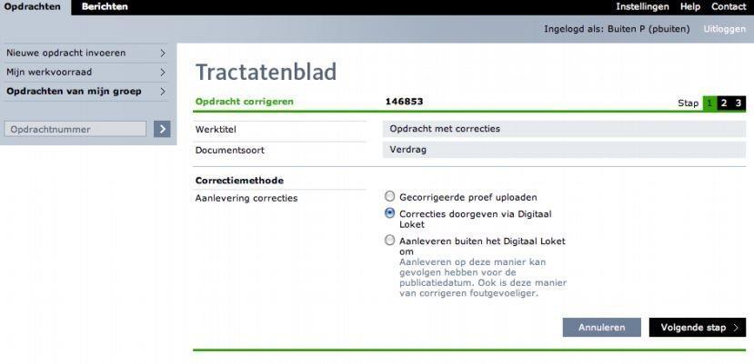 Het correctiebestand is nu opgeslagen in het Digitaal Loket en toegevoegd aan de lijst met documenten. De status van de opdracht is Correcties ontvangen en de producent moet actie ondernemen.