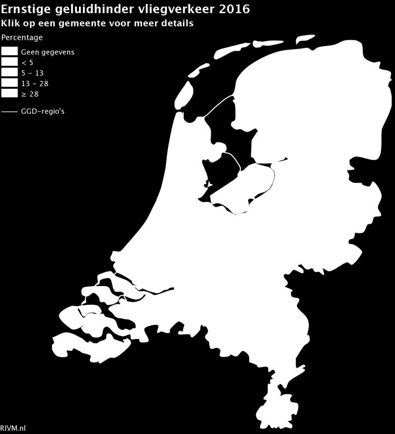 NLR-CR-2019-050 april 2019 Figuur 23: Kaart van Nederland met daarop geprojecteerd de hinder t.g.v. vliegverkeer. Weergave per gemeente.