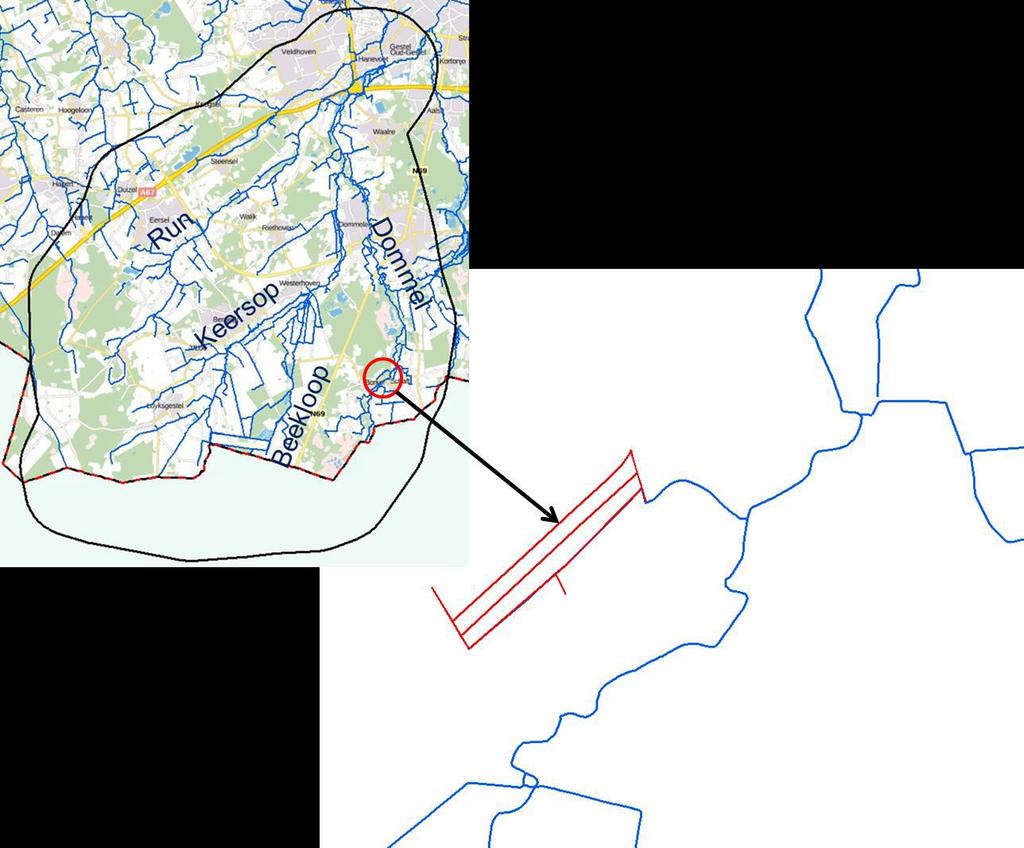 Figuur 11 Locatie van onderbemaling die hard is opgelegd aan het grondwatermodel (rode watergangen in ingezoomde kaart) 3.2.