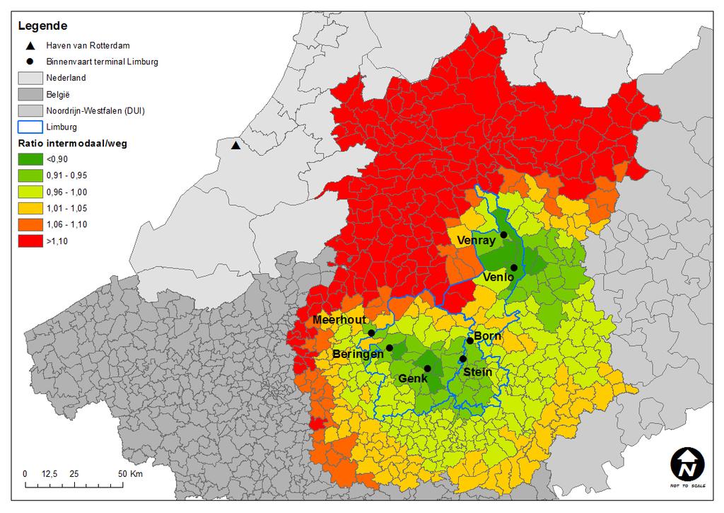 Affiniteit voor modal shift Scenario: alle verbindingen Limburg