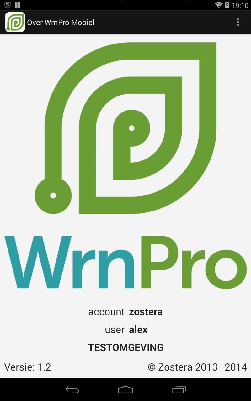 1. Het openingsscherm WrnPro Mobiel start op met het openingsscherm zoals hiernaast is afgebeeld.