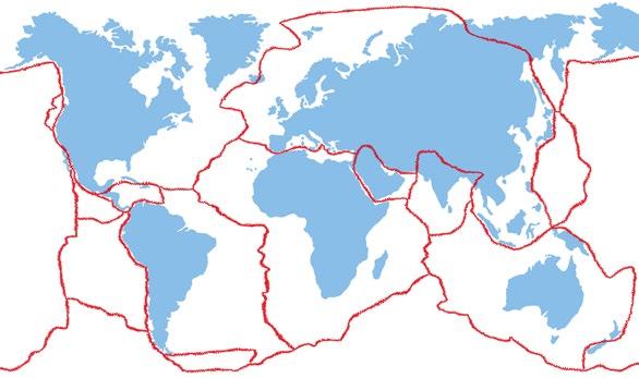 AAR KOMEN VOORAL VOOR? Op deze wereldkaart staan de aardplaten. Aan de randen botsen ze op elkaar of drijven ze juist van elkaar weg. Daar zijn vaak aardbevingen.