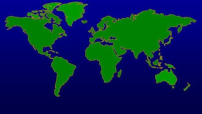 Nu kun je alle landen zien. De landen zijn groen. 1 Je kunt ook de zee zien. De zee is blauw.