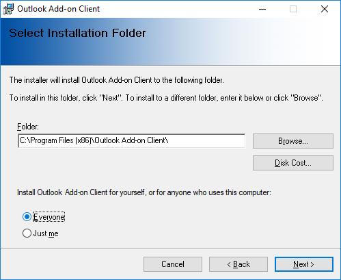 Klik op Next : Figuur 4a Outlook Add-on installatie scherm Installeer de Outlook Add-on op een locatie op de harde schijf, voor Everyone (alle gebruikers op deze pc). Klik op Next.
