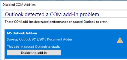 Start Outlook opnieuw op en schakel de invoegtoepassing in zoals hiervoor beschreven. Een andere mogelijke melding van Outlook is dat deze de Addon heeft gedisabled, men kan deze dan weer aanzetten.