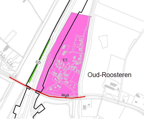 Figuur 6-17 Oud-Roosteren. E=waardevol ensemble, G=opgaand groen, Wg=historische weg.