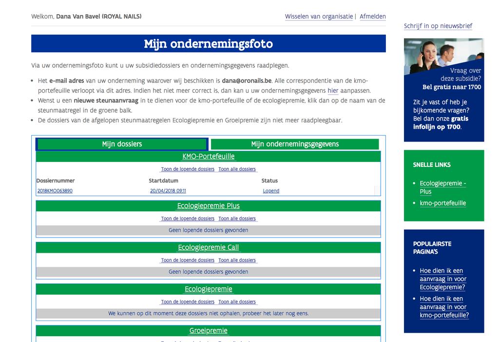 REGISTRATIE voor KMO Portefeuille > SCHERM WANEER JE INGELOGD BENT Dit scherm