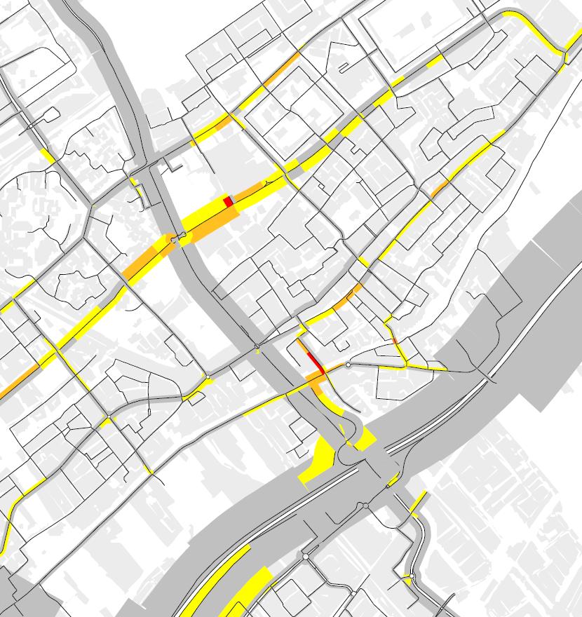 30 Scenario 3c: Lage, beweegbare brug 30km/h Vertragingen Sterke vertragingen rondom kruispunt van Vlietweg met verbindingsweg N14 en van de Vlietweg met de nieuwe oeververbinding in de spitsen.