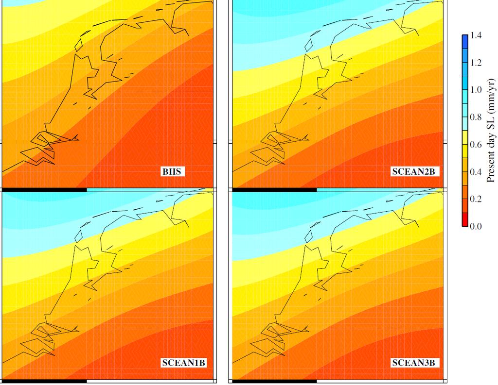 Figuur 2.8 Gemodelleerde bijdragen van GIA-effecten op zeespiegelveranderingen in Nederland, inclusief glacio- en hydro-isostatische effecten en aanpassingen aan de geoïde.