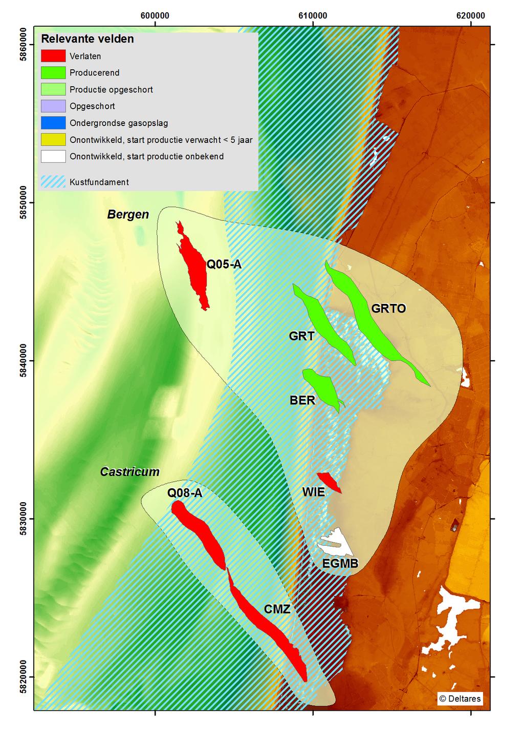 Figuur 3.5 Overzichtskaart van de velden bij Castricum en Bergen met de benoemde clusters. Er zijn geen recente overzichten bekend van de gemeten daling in de schotel Bergen.
