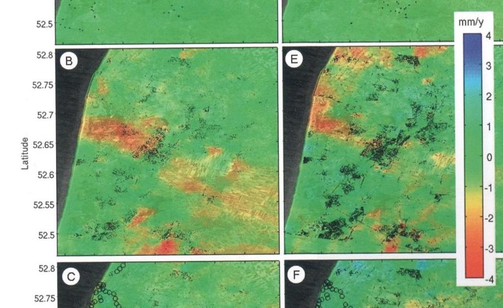 tussen 1992-2001 de hoogste dalingssnelheden vooral direct ten westen van Bergen optraden, terwijl in de periode daarna de bodemdaling zich wat meer richting het noorden ging uitstrekken.