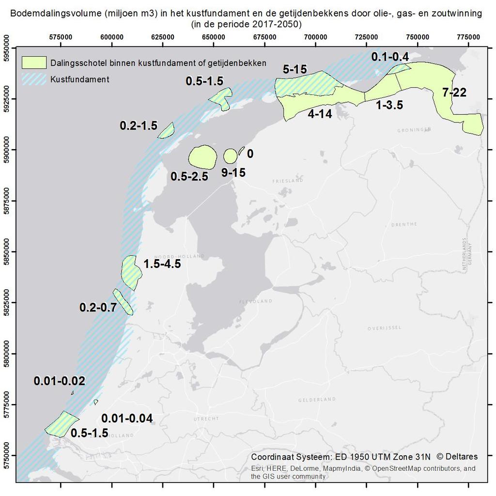 Figuur 3.21 Geschat bodemdalingsvolume door olie-, gas- en zoutwinning in de periode 2017-2050. De volumes zijn geschat op basis van data uit rapporten van de winbedrijven en De Vos (2010).