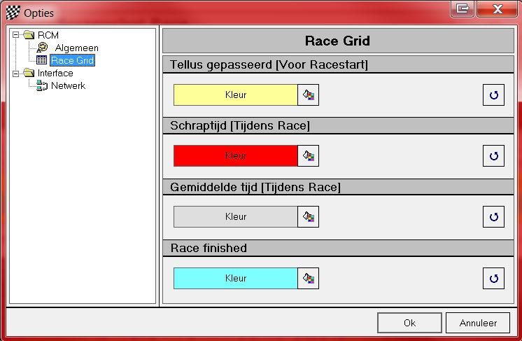 6.2.2 RCM / Race Grid. De kleuren die een rijder markeren in de tijdwaarneming, kunnen hier worden ingesteld.