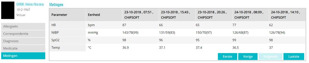 6.5. Metingen Deze pagina geeft een overzicht van een beperkt aantal metingen van de vitale functies van de patiënt afgenomen tijdens zijn ambulant bezoek of