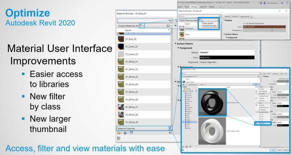 het Library panel - het is mogelijk grotere thumbnails (256 x 256) in te stellen - er is een nieuw icoon voor 'filter materials by class'