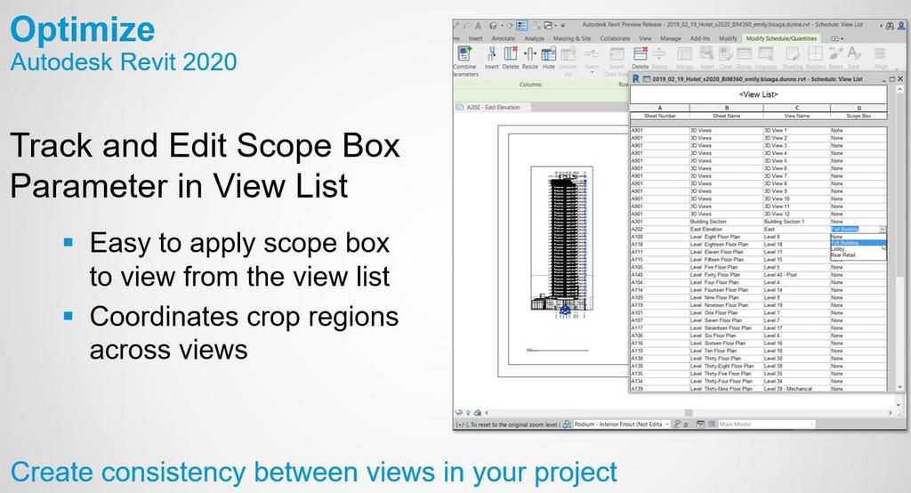 blad 66 Nieuws met Revit & C3A-Extensies release 2020 C3A-Workshops mei 2019 2.3.10 Schedule scope boxes Schedule de scope boxes aanwezig in het project in een view list om de toepassing van scope boxes in views makkelijker te beheren.