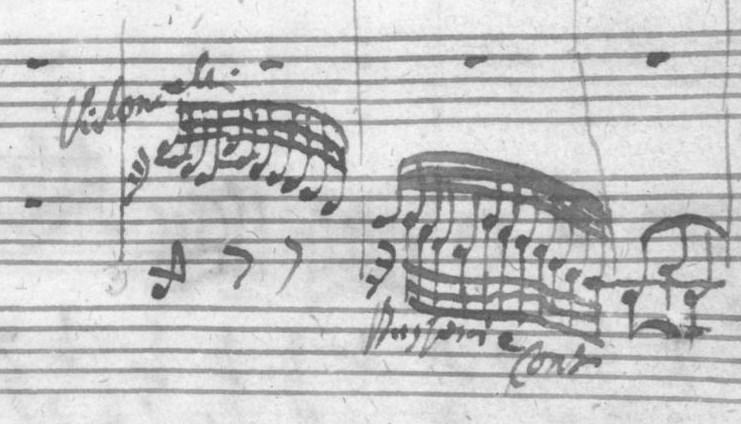 Deze splitsing is ook te vinden in de continuopartij en de orgelpartij. Nergens staat aangeduid voor welke instrumenten deze beide lijnen bedoeld zijn.