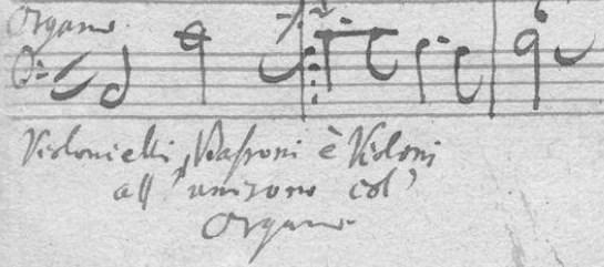 Opvallend is dat de celli niet worden genoemd, terwijl de partij volgens het opschrift voor fagot en celli is bedoeld en niet voor de violone.