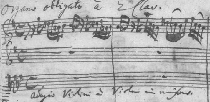 Facs. 20a/b. BWV 170/3, begin. Links: partij Continuo; rechts: partituur. Een laatste aanwijzing is te vinden in BWV 194 (Störmthaler partituur). Nadat in m.