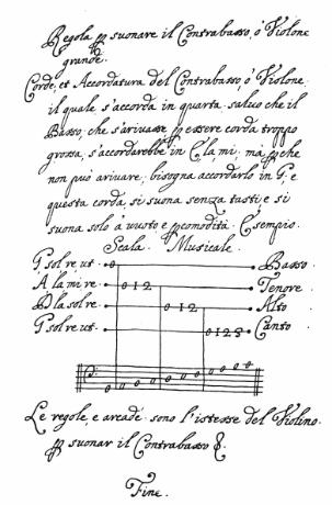 instrument in 1694 een Violone Grande of Contrabasso noemde; verderop heette het instrument bij hem echter Violone. 15 Een stemming in E1 i.p.v. G1 zou te prefereren zijn geweest, maar de onderste snaar kon volgens Bismantova vanwege zijn dikte nauwelijks ingedrukt worden.