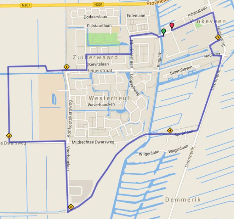 dinsdag 21 mei 2019-5 km de Boei* 0 RD Over blauw/groene brug natuurpad 1,0 LA Roerdompstraat (Kerklaan) direct 0,1 LA Mijdrechtsedwarsweg 2,0 RA Trap brug af 0,1 RA Voorbancken 2,4 RA Onder brug