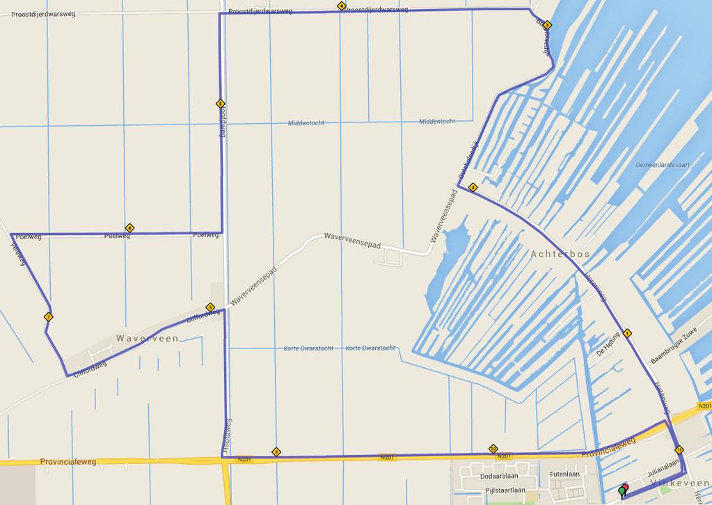 woensdag 22 mei 2019-10 km de Boei* 0,0 RA Poelweg 5,6 RA Kerklaan 0,1 LA Veldweg 6,5 LA Herenweg 0,3 LA Cliffordweg 7,3 RD Onder viaduct door 0,6 RA Hoofdweg richting Wilnis 8,1 RD Achterbos 1,4 LA