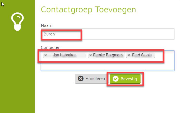 Selecteer Contactoverzicht in het linker menu. 2. Klik op contactgroep toevoegen. 3. Geef de groep een naam. 4.