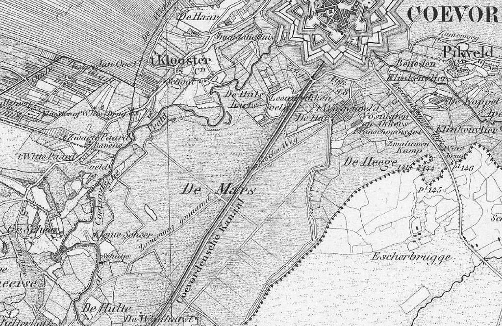 Figuur 4: Het plangebied en omgeving op de Topografische Militaire Kaart uit 1864 (HisGIS). De ligging van het plangebied is globaal aangegeven met een rode cirkel.